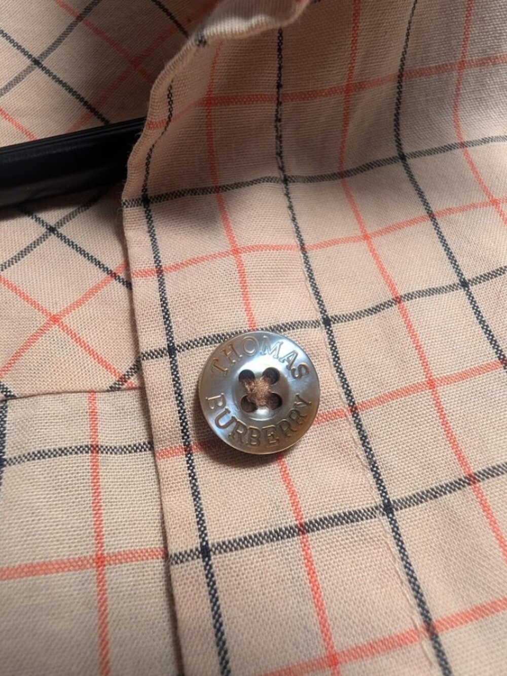 Thomas Burberry. Peach tone plaid button-down shirt.